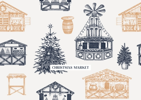Christmas market background. Hand-drawn vector illustration. Holiday marketplace border design. European architecture seamless pattern. Christmas tree, wooden stall, candy shop, mulled wine sketches